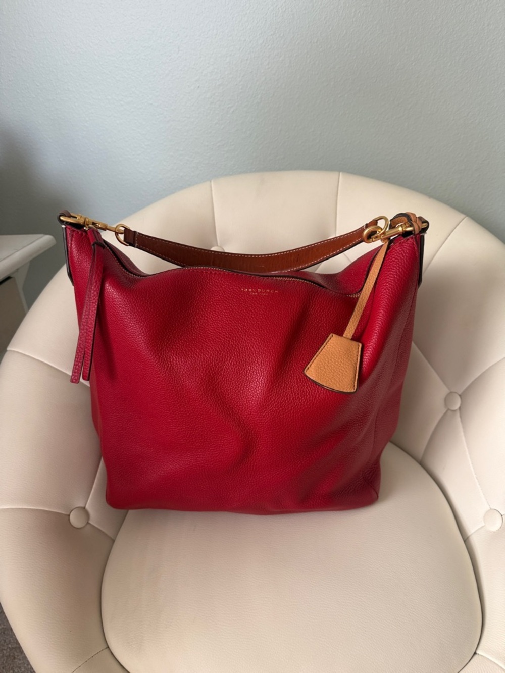 Tory Burch Perry Slouchy Hobo Bag Color Red Apple Pebbled Leather Women's - Picture 9 of 13